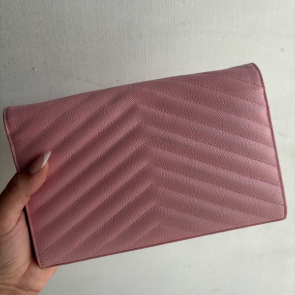 YSL Saint Laurent Matelasse Wallet on Chain (WOC) Grain De Poudre Chevron - Picture 2 of 8